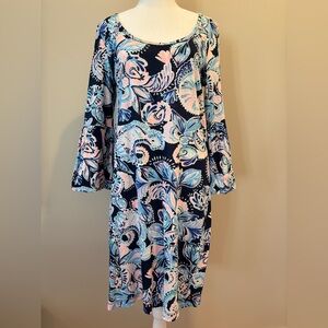 Lilly Pulitzer 3/4 Bell Sleeve Dress Womens Medium Navy/Pink/Turquiose NWOT